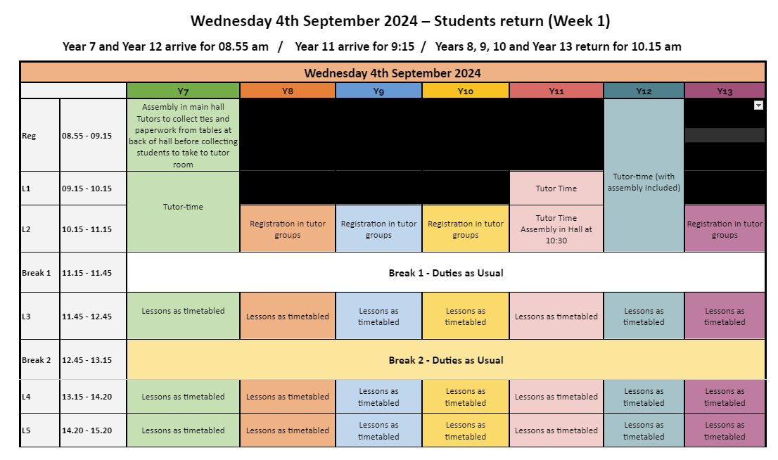 Student return time for September